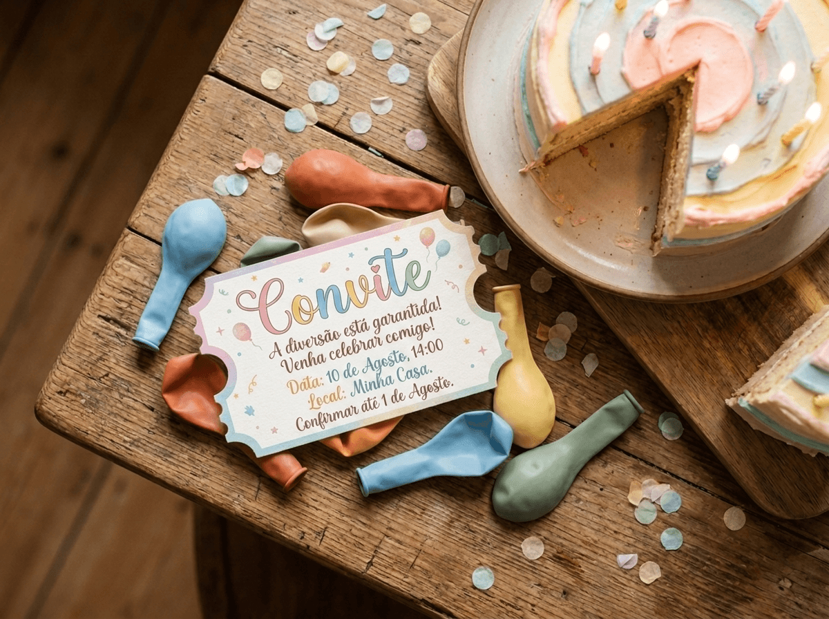 Blank party invitation surrounded by balloons, confetti and a birthday cake